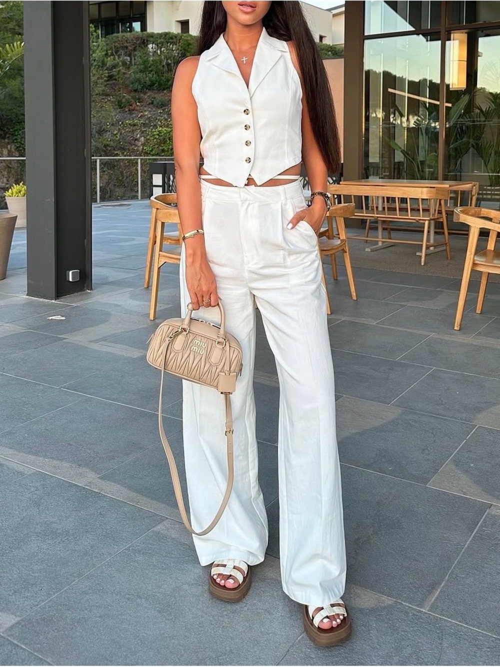 ZARA Women's Cream Wide-Leg Linen Pants&Vest Set SIZE XS